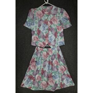 Vintage California Looks Pastel Floral Button Down Top and Skirt Set Women's 10P
